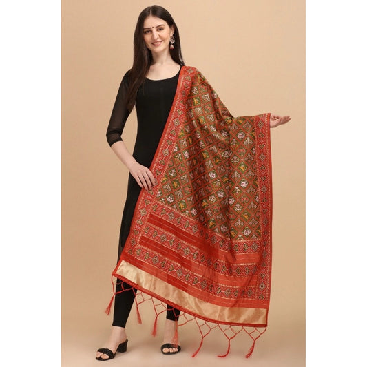 Women's Silk Pure Zari weaving Duppatta (Brown, Length: 2-2.3 Mtrs)