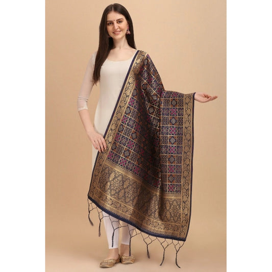 Women's Silk Pure weaving Work Duppatta (Navy Blue, Length: 2-2.3 Mtrs)