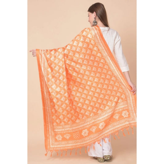 Women's Art Silk Printed Dupatta (Orange, Length: 2.25 to 2.50 Mtr)