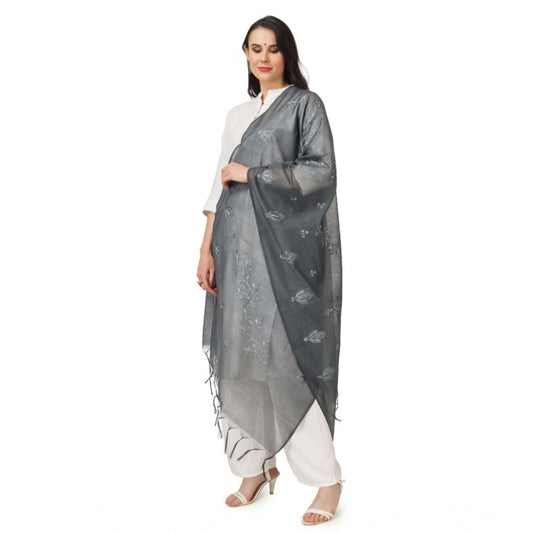 Women's Cotton Embroidered Dupatta (Grey, Length: 2.25 to 2.50 Mtr)