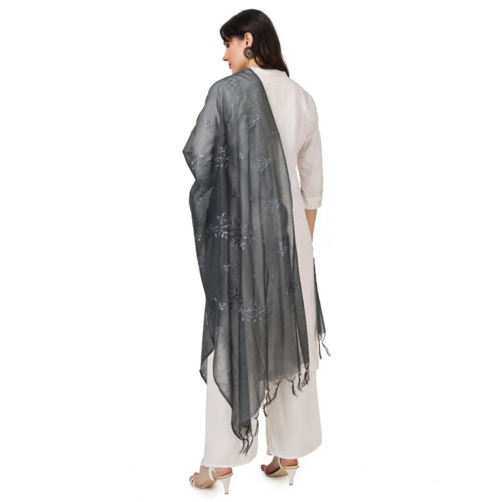 Women's Cotton Embroidered Dupatta (Grey, Length: 2.25 to 2.50 Mtr)
