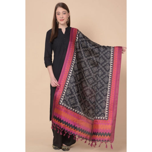 Women's Art Silk Printed Dupatta (Black, Length: 2.25 to 2.50 Mtr)