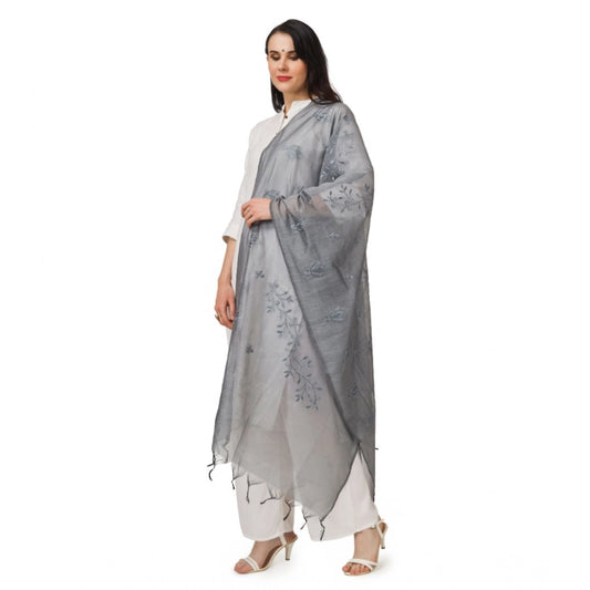 Women's Cotton Embroidered Dupatta (Grey, Length: 2.25 to 2.50 Mtr)