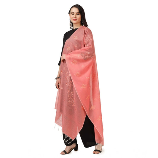 Women's Cotton Embroidered Dupatta (Peach, Length: 2.25 to 2.50 Mtr)