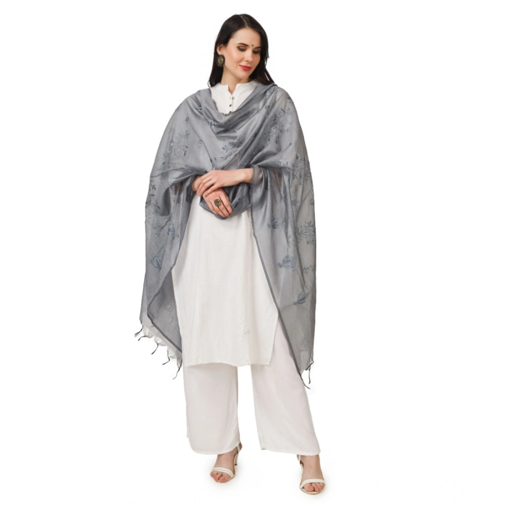 Women's Cotton Embroidered Dupatta (Grey, Length: 2.25 to 2.50 Mtr)