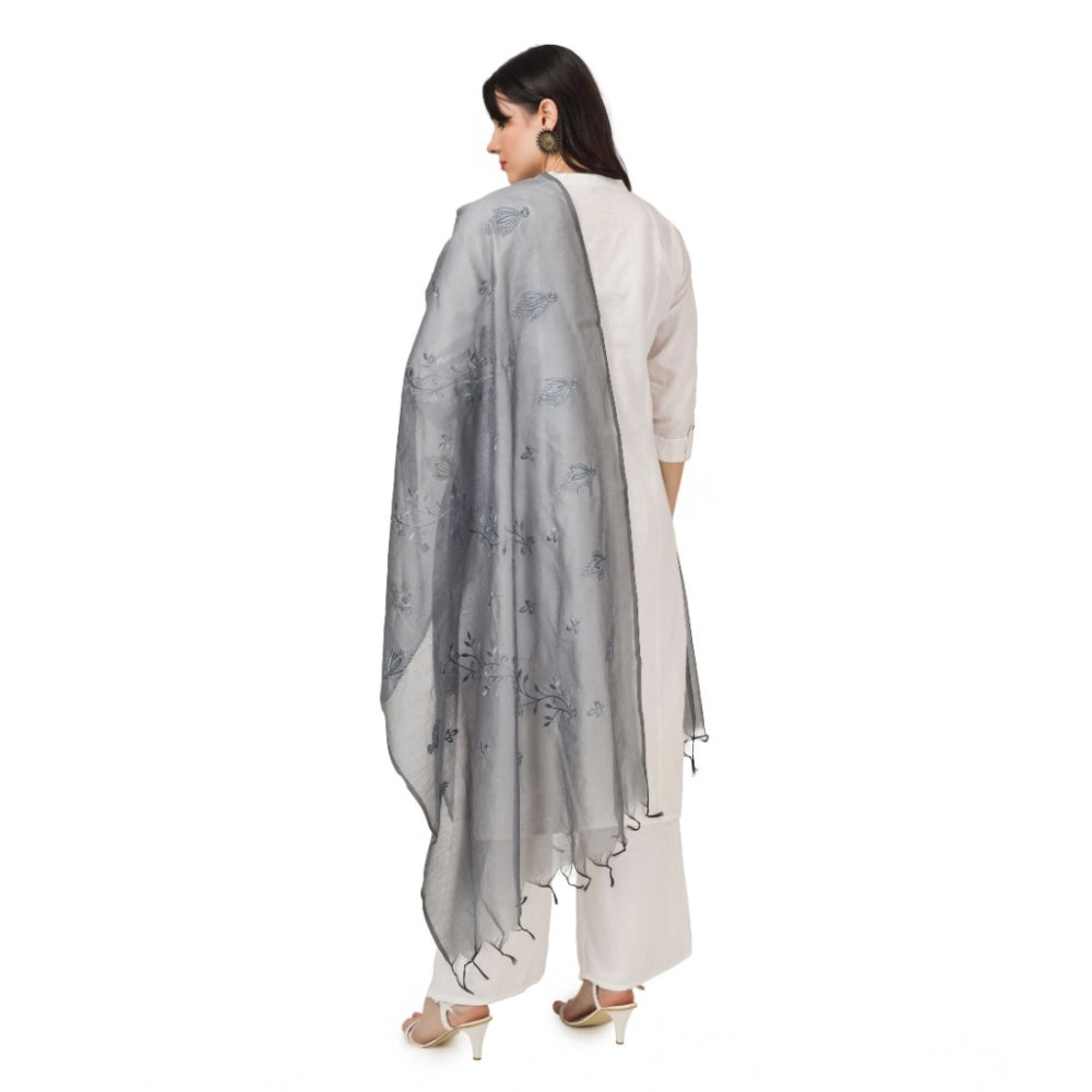 Women's Cotton Embroidered Dupatta (Grey, Length: 2.25 to 2.50 Mtr)