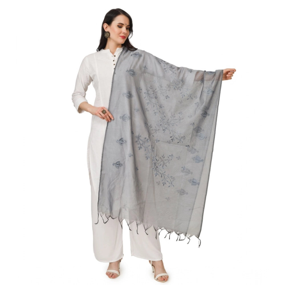 Women's Cotton Embroidered Dupatta (Grey, Length: 2.25 to 2.50 Mtr)