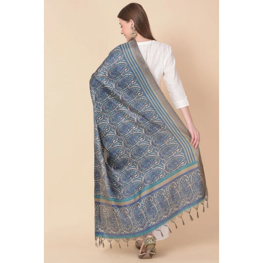 Women's Art Silk Printed Dupatta (Blue, Length: 2.25 to 2.50 Mtr)