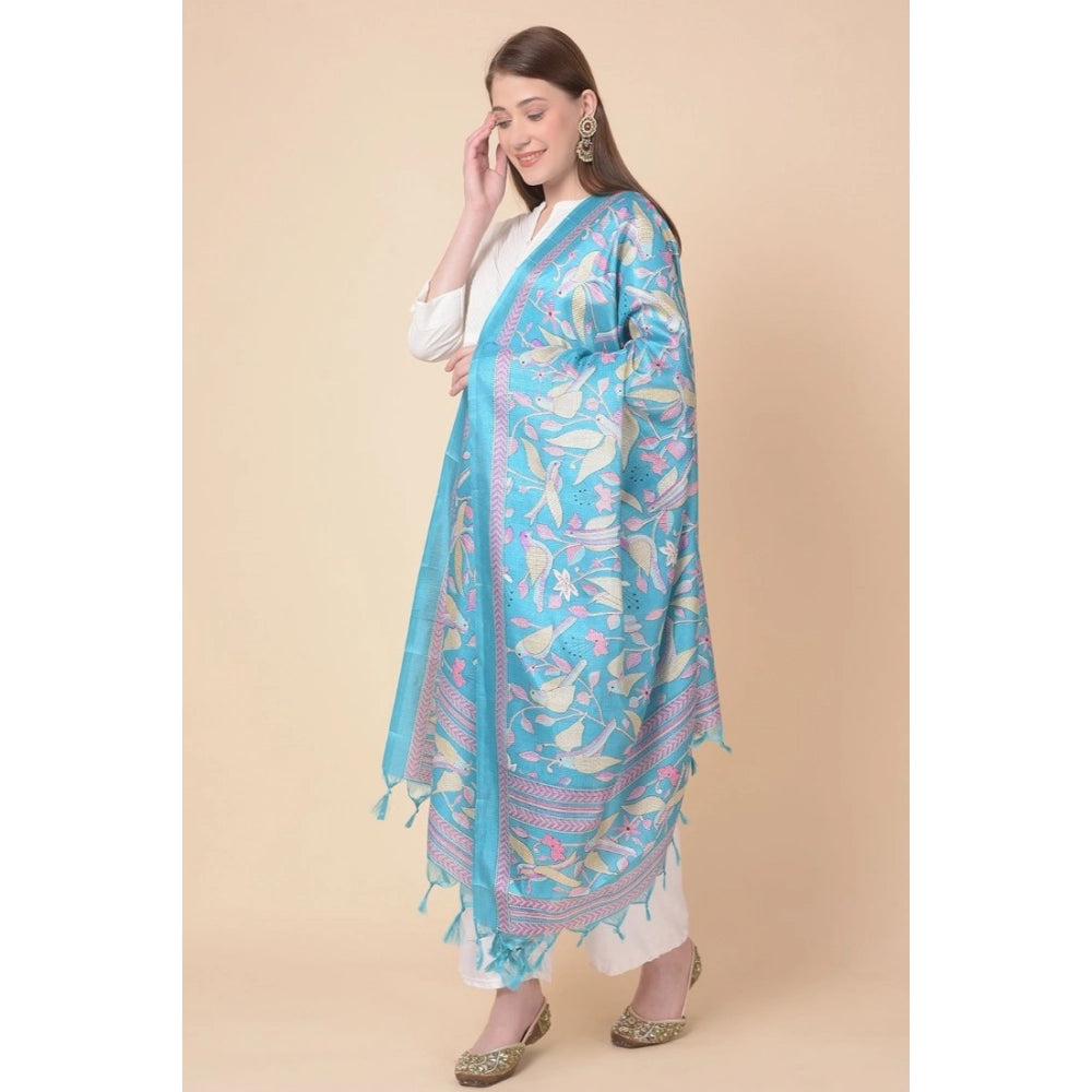 Women's Art Silk Printed Dupatta (Turquoise, Length: 2.25 to 2.50 Mtr)