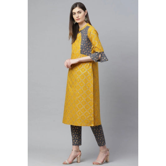 Women's Casual Bell Sleeves Geomatrical Printed Cotton Kurti Set (Yellow)