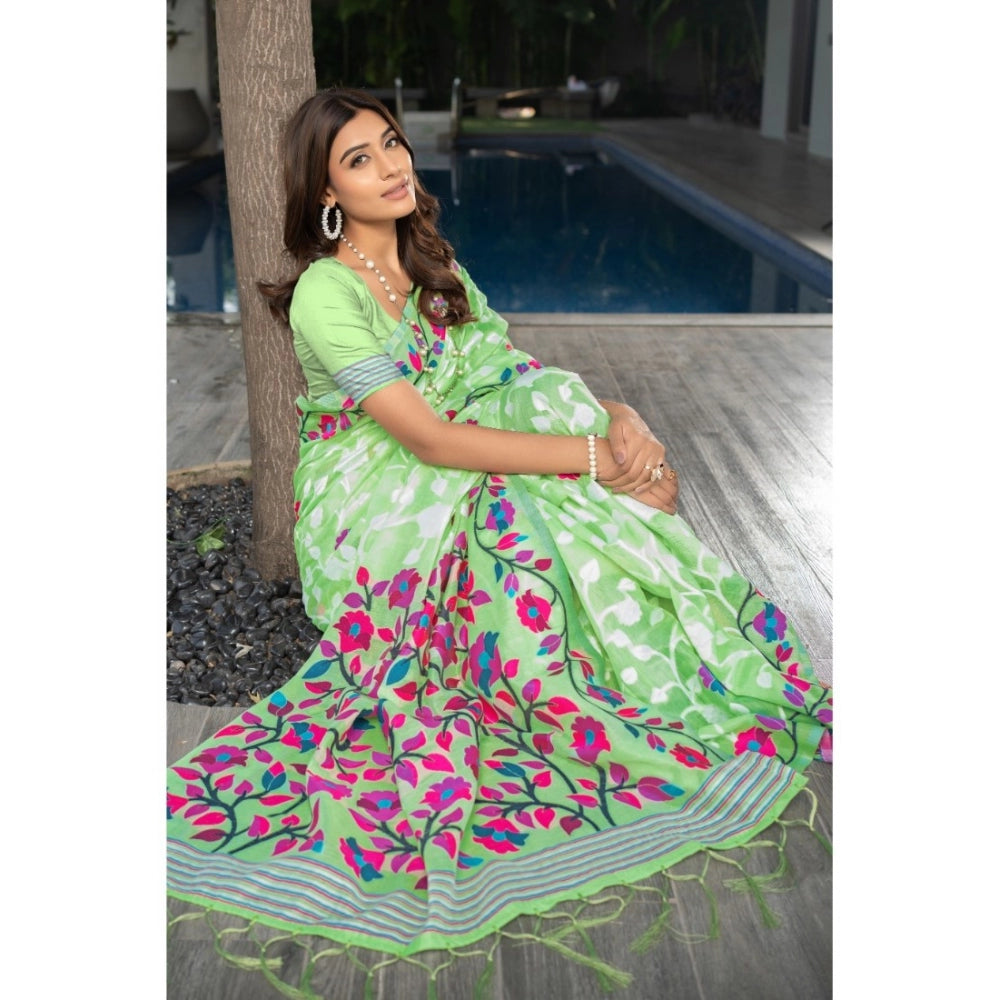 Women's Cotton Printed Saree With Unstitched Blouse (Green, 5-6 Mtrs)
