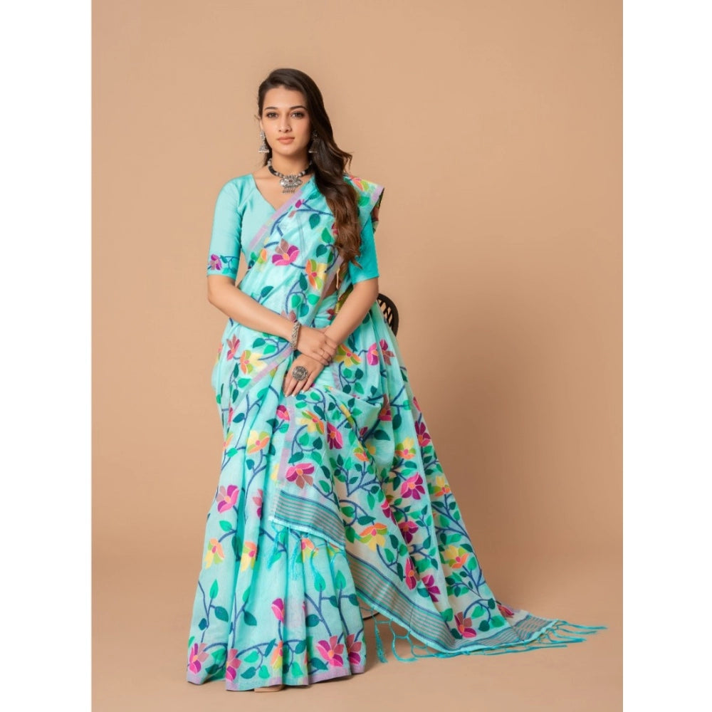 Women's Cotton Printed Saree With Unstitched Blouse (Sky Blue, 5-6 Mtrs)