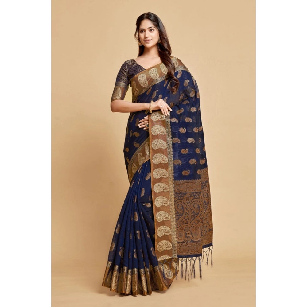 Women's Chanderi Cotton Printed Saree With Unstitched Blouse (Navy Blue, 5-6 Mtrs)