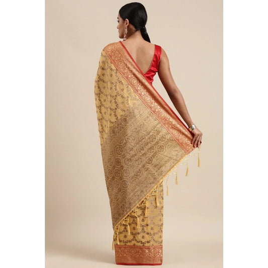 Women's Chanderi Cotton Printed Saree With Unstitched Blouse (Yellow, 5-6 Mtrs)