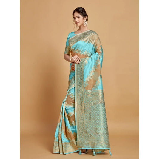 Women's Linen Printed Saree With Unstitched Blouse (Sky Blue, 5-6 Mtrs)