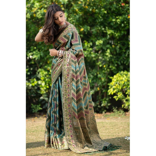 Women's Organza Printed Saree With Unstitched Blouse (Green, 5-6 Mtrs)