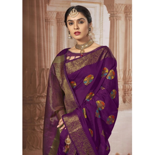 Women's Chanderi Cotton Printed Saree With Unstitched Blouse (Purple, 5-6 Mtrs)