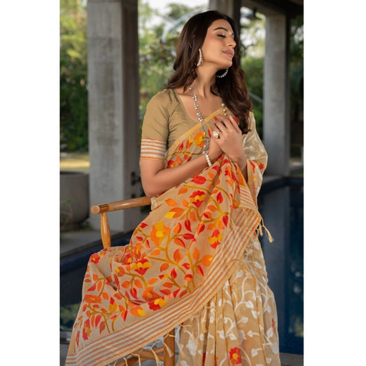 Women's Cotton Printed Saree With Unstitched Blouse (Beige, 5-6 Mtrs)