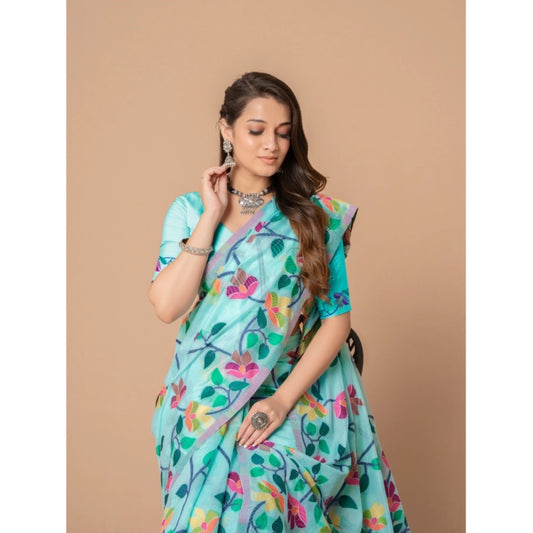 Women's Cotton Printed Saree With Unstitched Blouse (Sky Blue, 5-6 Mtrs)