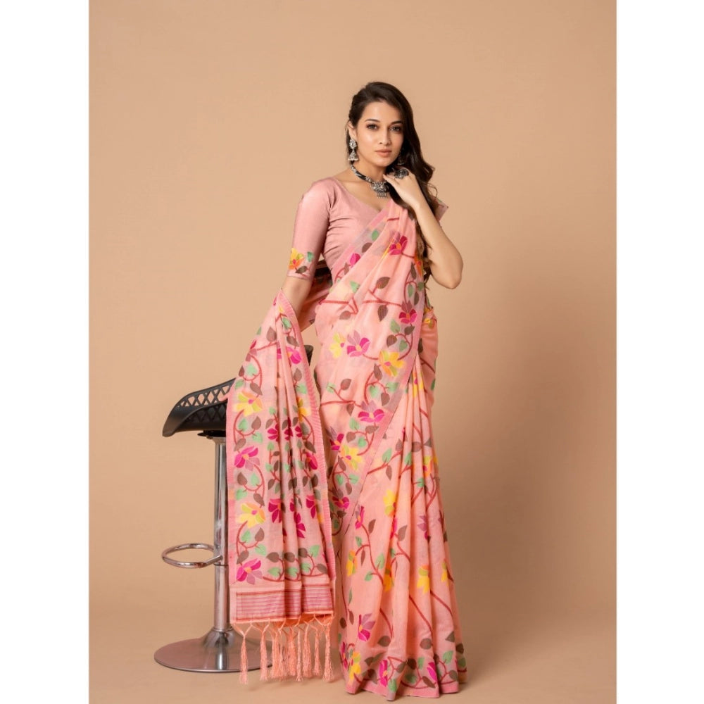 Women's Cotton Printed Saree With Unstitched Blouse (Pink, 5-6 Mtrs)