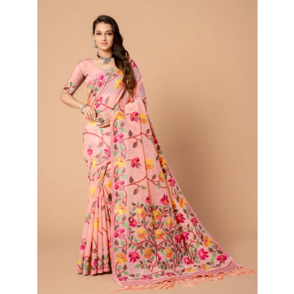 Women's Cotton Printed Saree With Unstitched Blouse (Pink, 5-6 Mtrs)