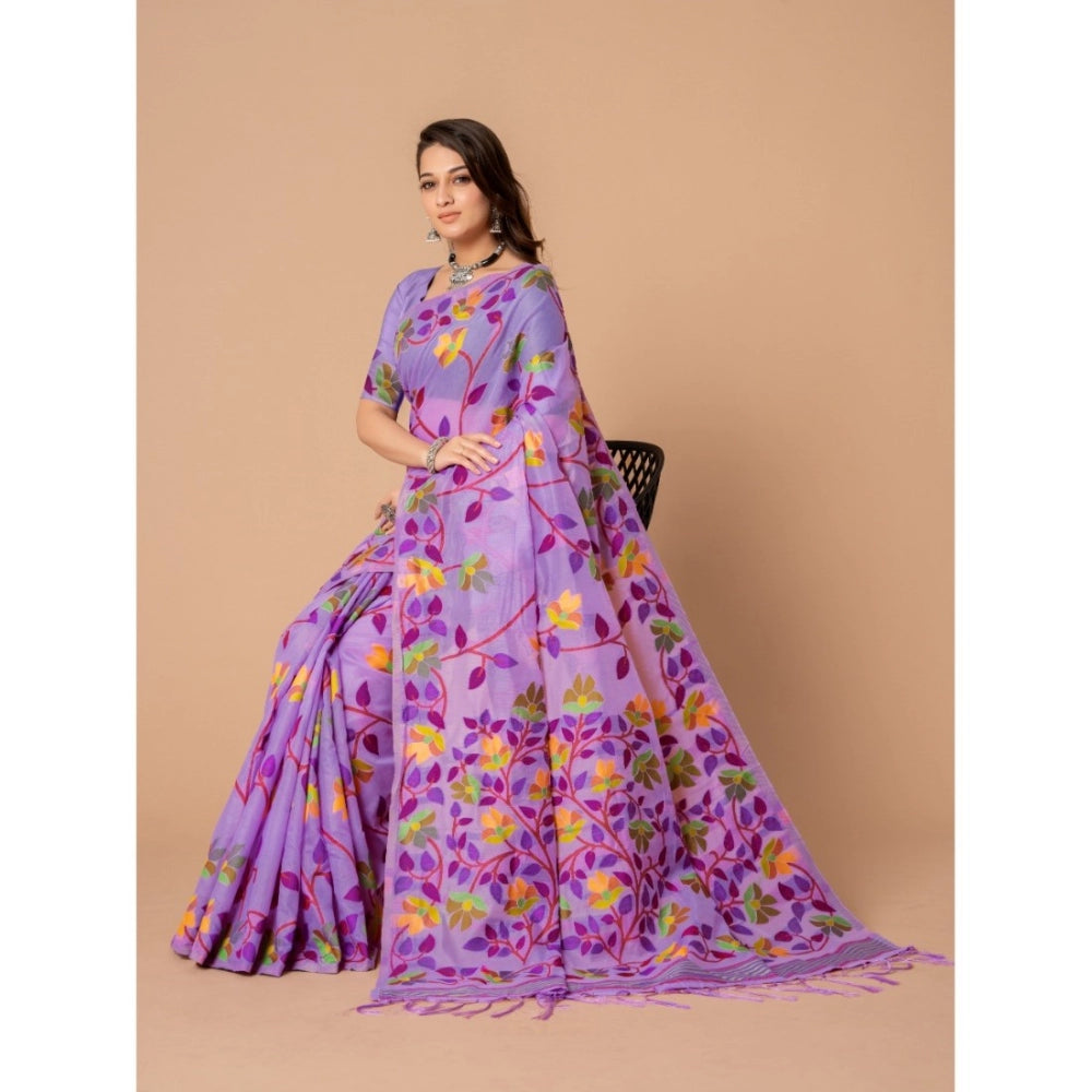 Women's Cotton Printed Saree With Unstitched Blouse (Lavender, 5-6 Mtrs)