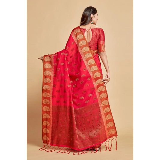 Women's Chanderi Cotton Printed Saree With Unstitched Blouse (Pink, 5-6 Mtrs)