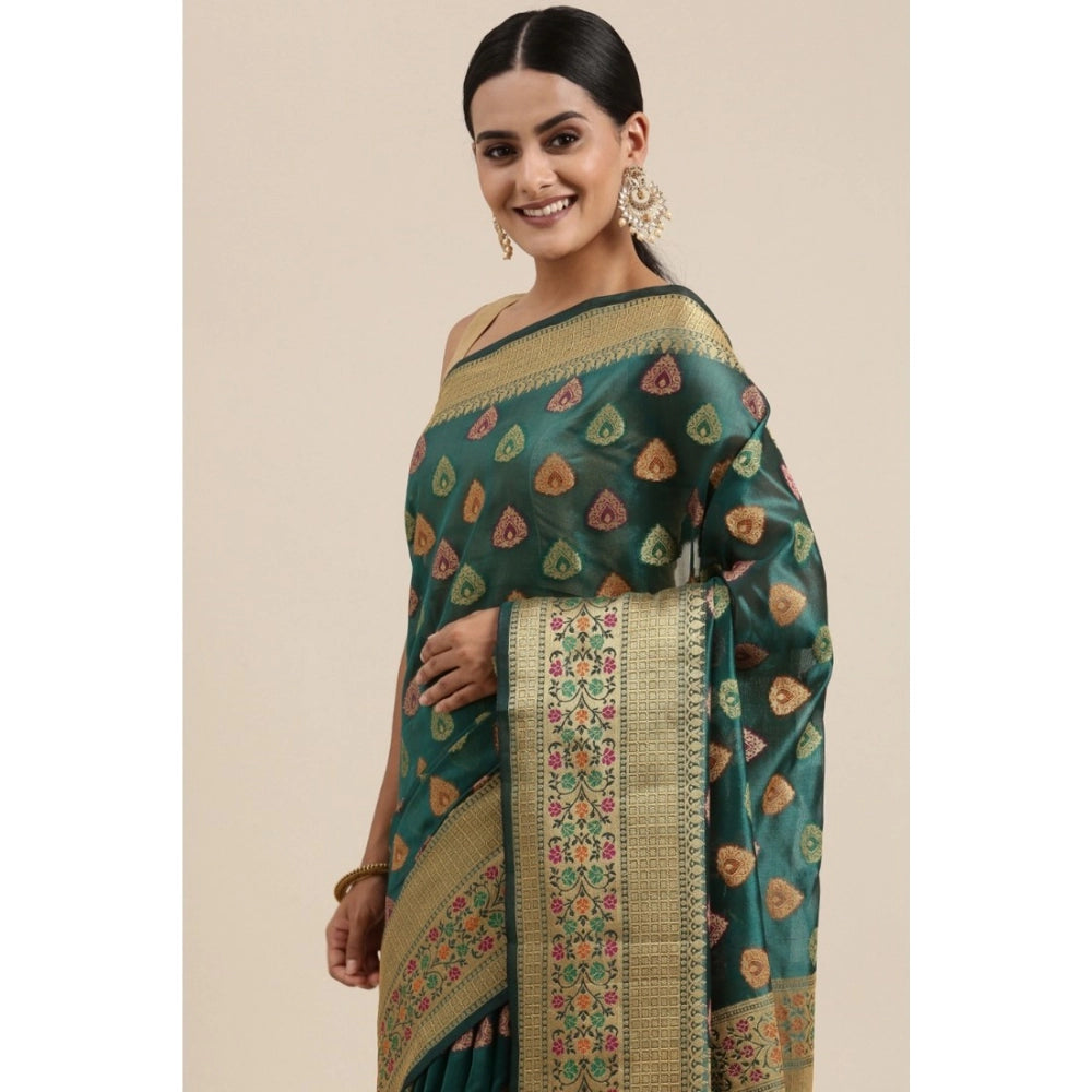 Women's Organza Printed Saree With Unstitched Blouse (Sea Green, 5-6 Mtrs)