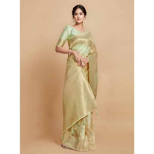 Women's Linen Printed Saree With Unstitched Blouse (Pista, 5-6 Mtrs)