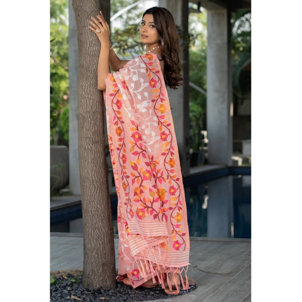 Women's Cotton Printed Saree With Unstitched Blouse (Peach, 5-6 Mtrs)