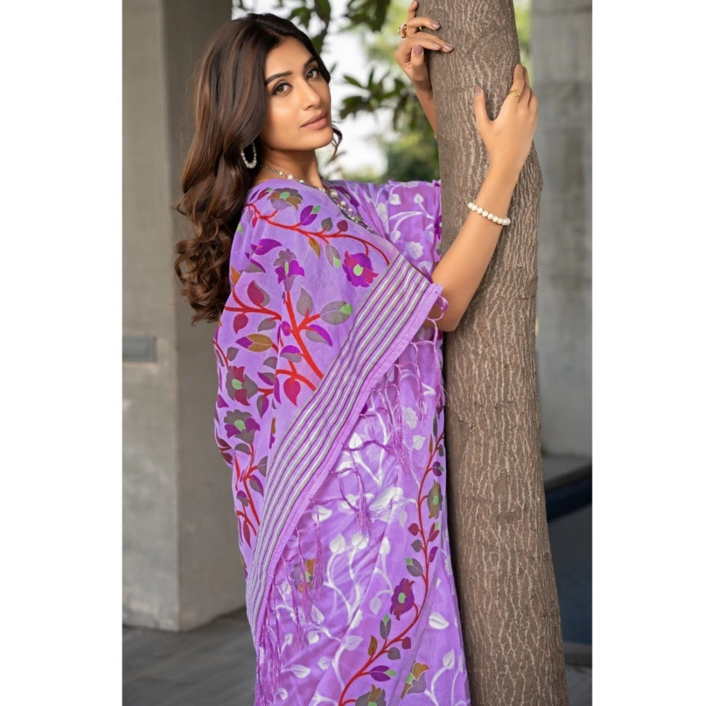 Women's Cotton Printed Saree With Unstitched Blouse (Lavender, 5-6 Mtrs)