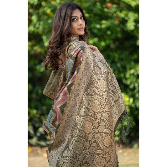 Women's Organza Printed Saree With Unstitched Blouse (Grey, 5-6 Mtrs)
