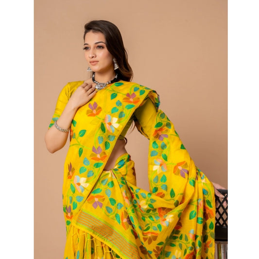 Women's Cotton Printed Saree With Unstitched Blouse (Yellow, 5-6 Mtrs)