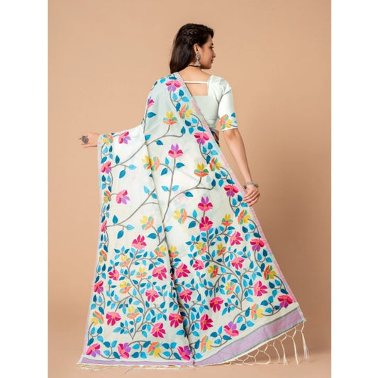 Women's Cotton Printed Saree With Unstitched Blouse (White, 5-6 Mtrs)