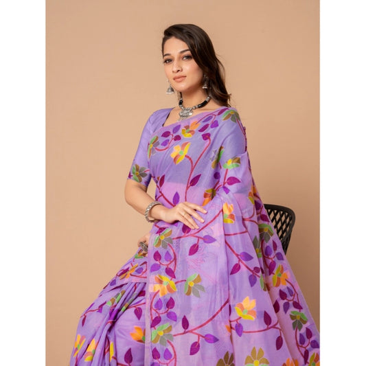 Women's Cotton Printed Saree With Unstitched Blouse (Lavender, 5-6 Mtrs)
