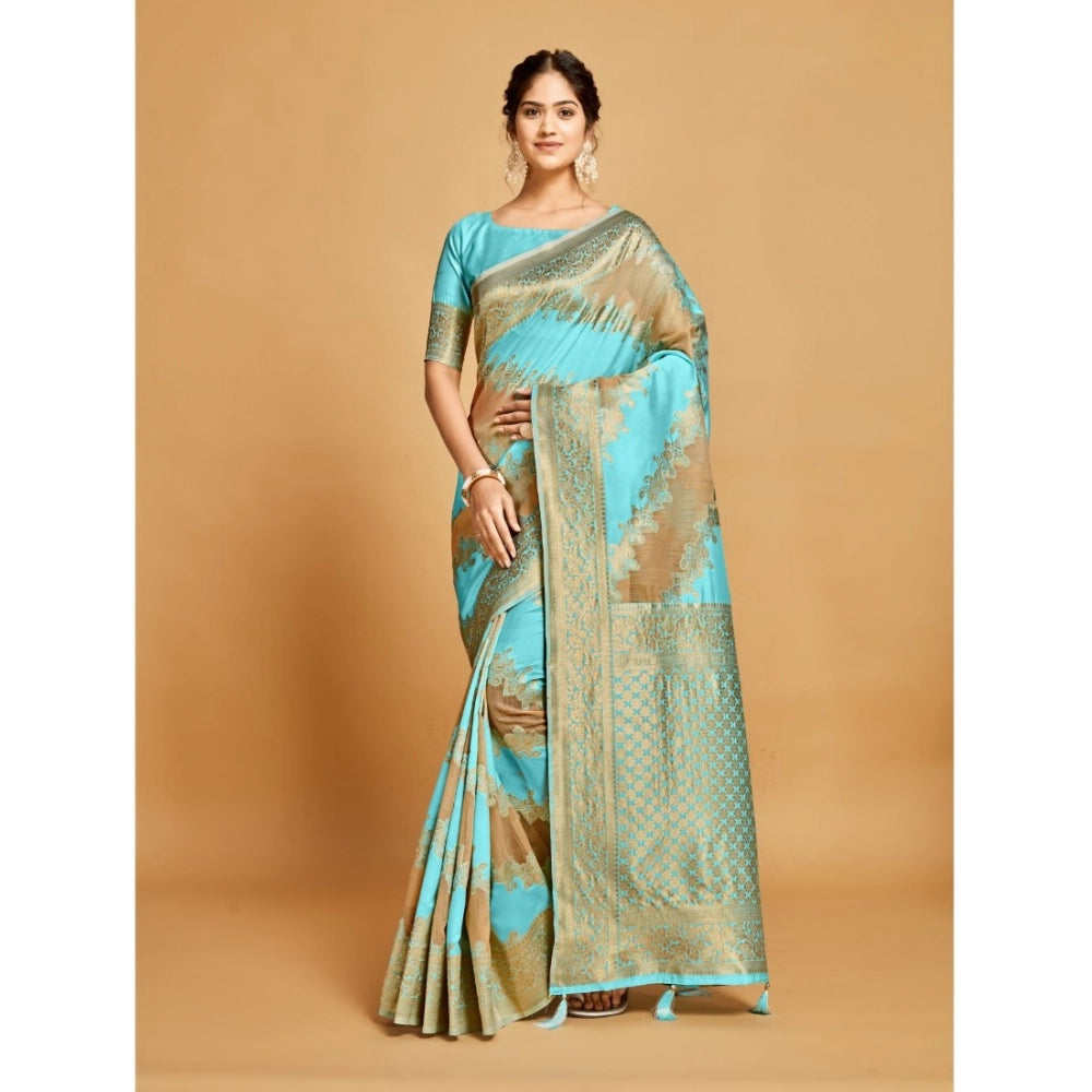Women's Linen Printed Saree With Unstitched Blouse (Sky Blue, 5-6 Mtrs)