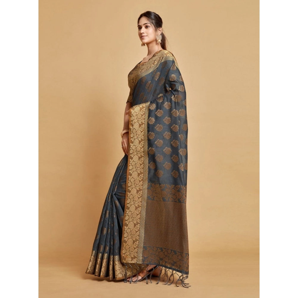 Women's Chanderi Cotton Printed Saree With Unstitched Blouse (Grey, 5-6 Mtrs)