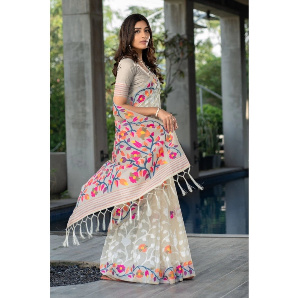 Women's Cotton Printed Saree With Unstitched Blouse (Off-White, 5-6 Mtrs)