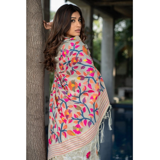 Women's Cotton Printed Saree With Unstitched Blouse (Off-White, 5-6 Mtrs)