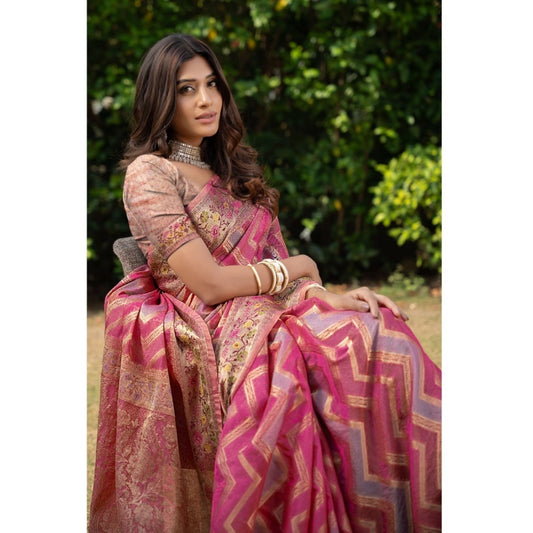 Women's Organza Printed Saree With Unstitched Blouse (Pink, 5-6 Mtrs)