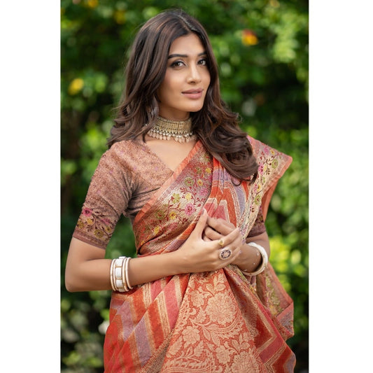 Women's Organza Printed Saree With Unstitched Blouse (Orange, 5-6 Mtrs)