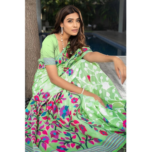 Women's Cotton Printed Saree With Unstitched Blouse (Green, 5-6 Mtrs)