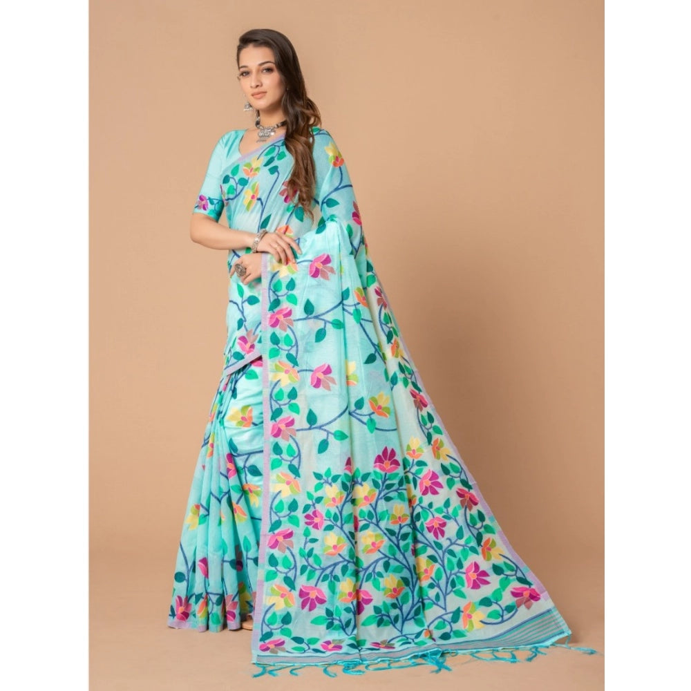 Women's Cotton Printed Saree With Unstitched Blouse (Sky Blue, 5-6 Mtrs)