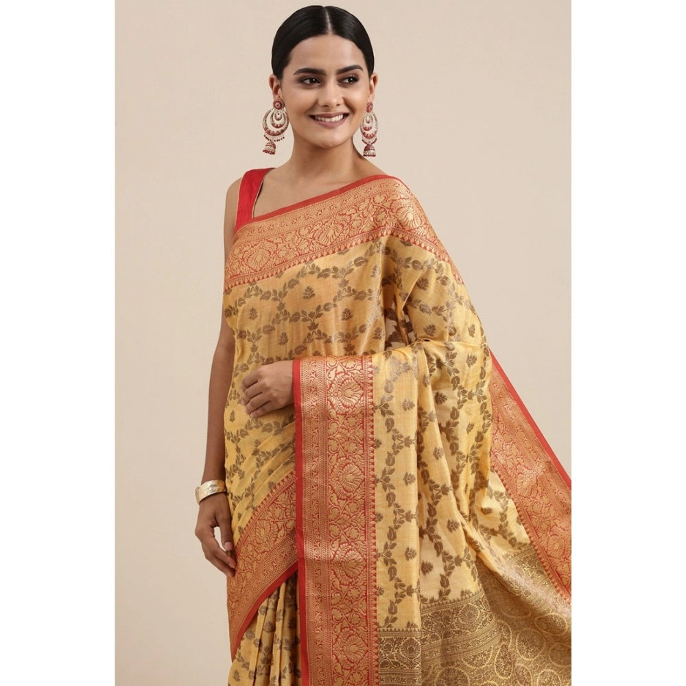 Women's Chanderi Cotton Printed Saree With Unstitched Blouse (Yellow, 5-6 Mtrs)