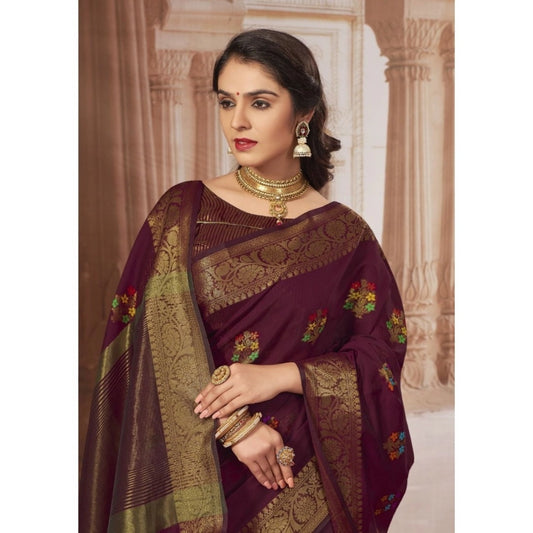 Women's Chanderi Cotton Printed Saree With Unstitched Blouse (Maroon, 5-6 Mtrs)