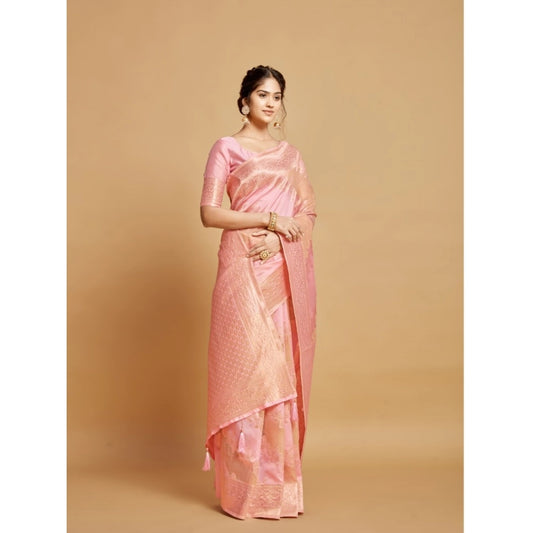 Women's Linen Printed Saree With Unstitched Blouse (Pink, 5-6 Mtrs)
