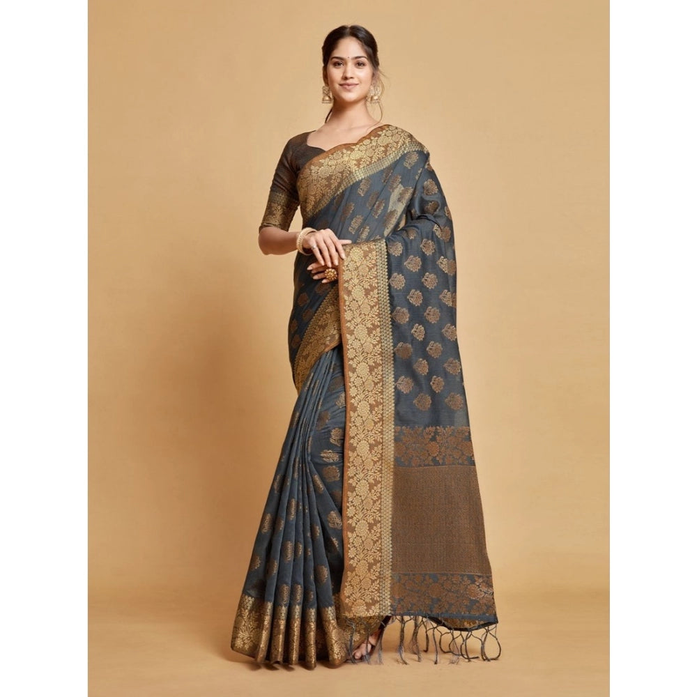 Women's Chanderi Cotton Printed Saree With Unstitched Blouse (Grey, 5-6 Mtrs)