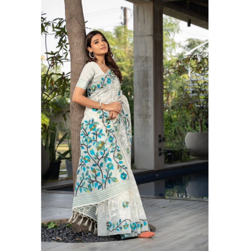 Women's Cotton Printed Saree With Unstitched Blouse (White, 5-6 Mtrs)