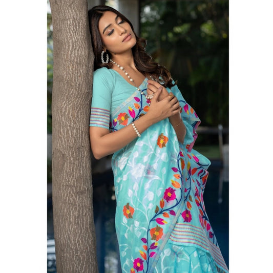 Women's Cotton Printed Saree With Unstitched Blouse (Sky Blue, 5-6 Mtrs)