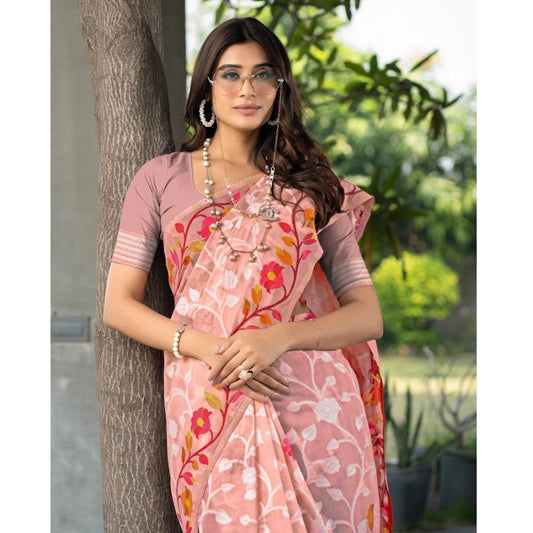 Women's Cotton Printed Saree With Unstitched Blouse (Peach, 5-6 Mtrs)